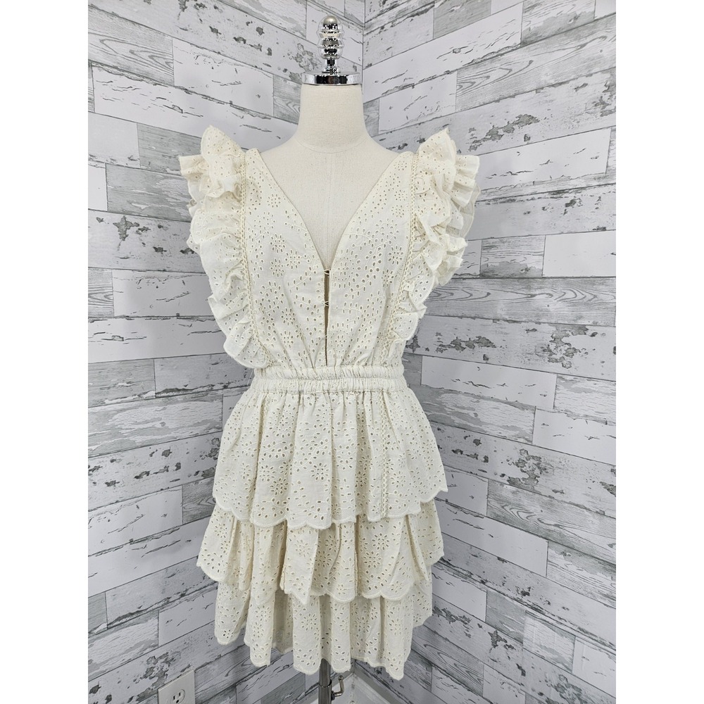 Love the Label Womens Medium Tiered Mini Dress Ivory Eyelet Cotton Dress